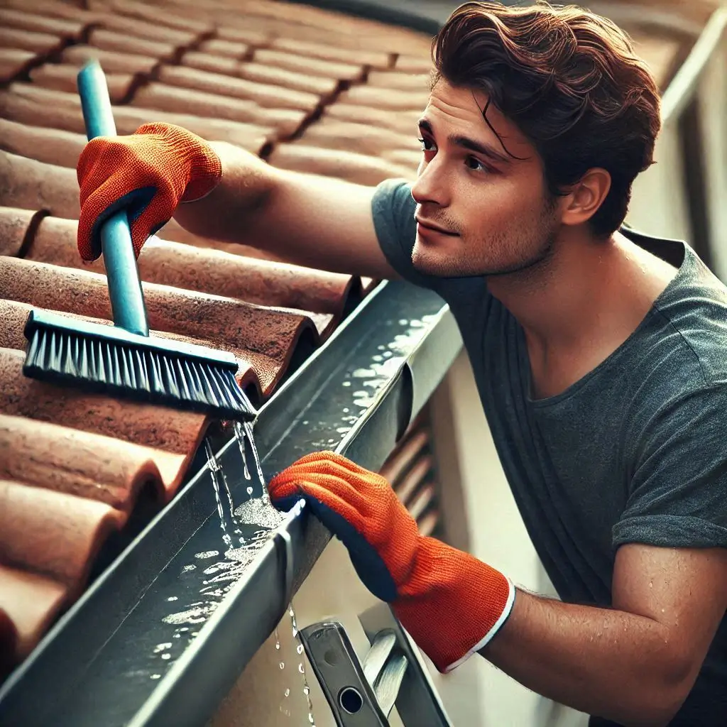 a man cleaning a gutter